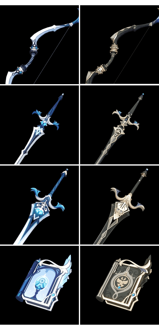 Collection of Sacrificial series weapons in Genshin Impact showing their orange and red design