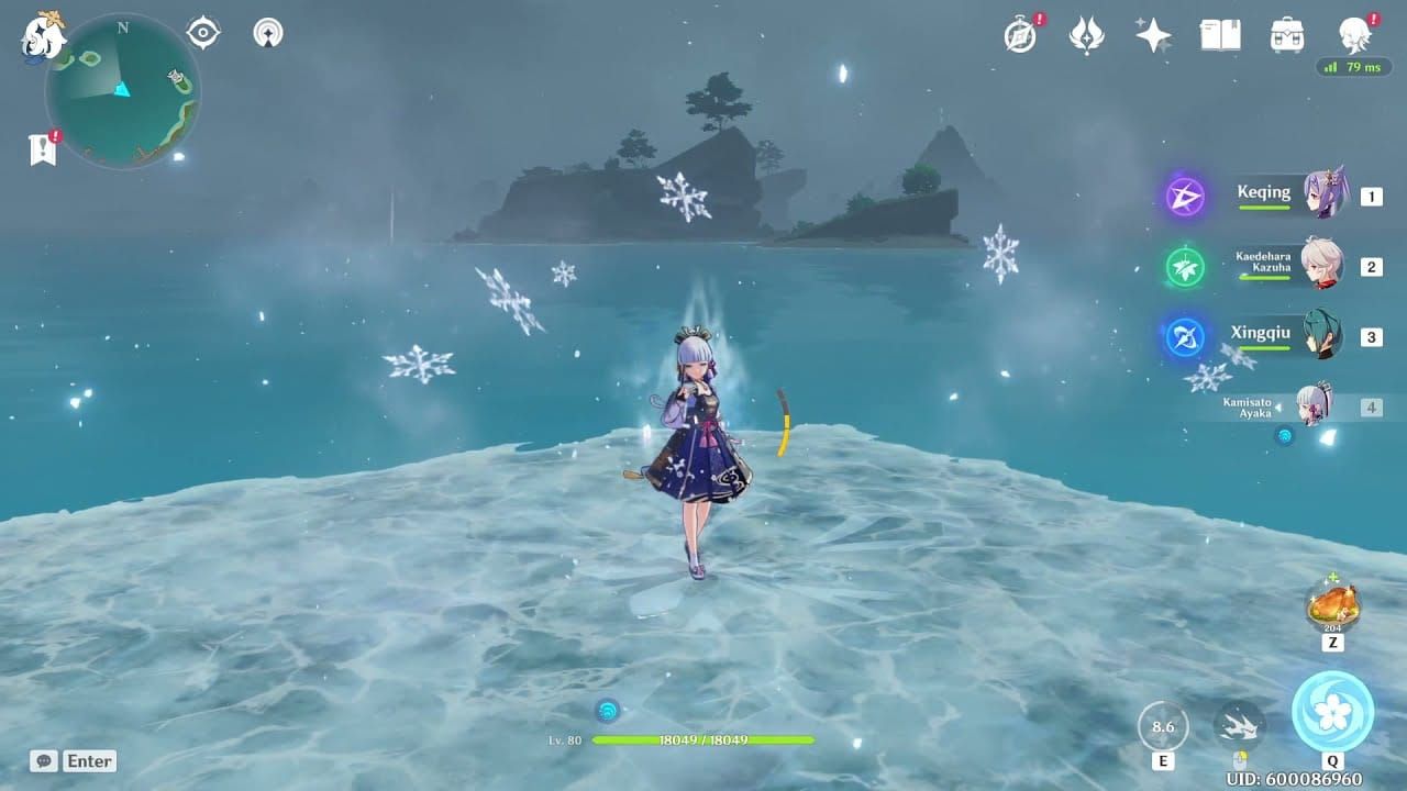 Guide showing Ayaka creating ice bridges across water in Genshin Impact