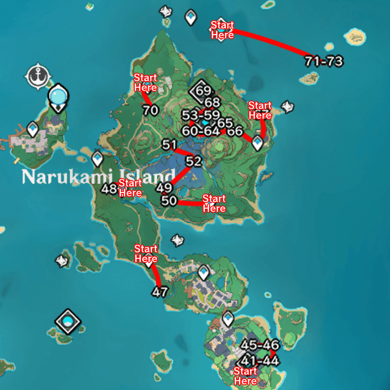 Map of Narukami Island showing Onikabuto farming locations near Grand Narukami Shrine