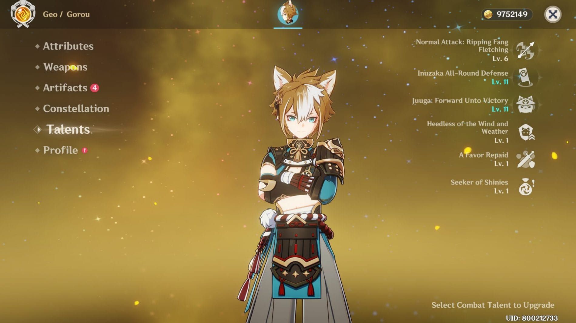 Gorou character showcase highlighting his Seeker of Shinies passive ability for farming