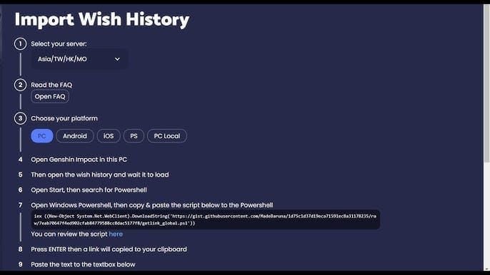 PowerShell script execution guide for importing Genshin Impact wish history