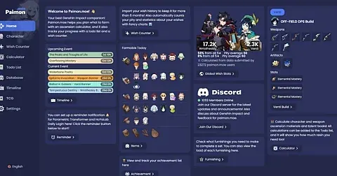 Paimon.moe wish tracker dashboard showing banner types and pity counters