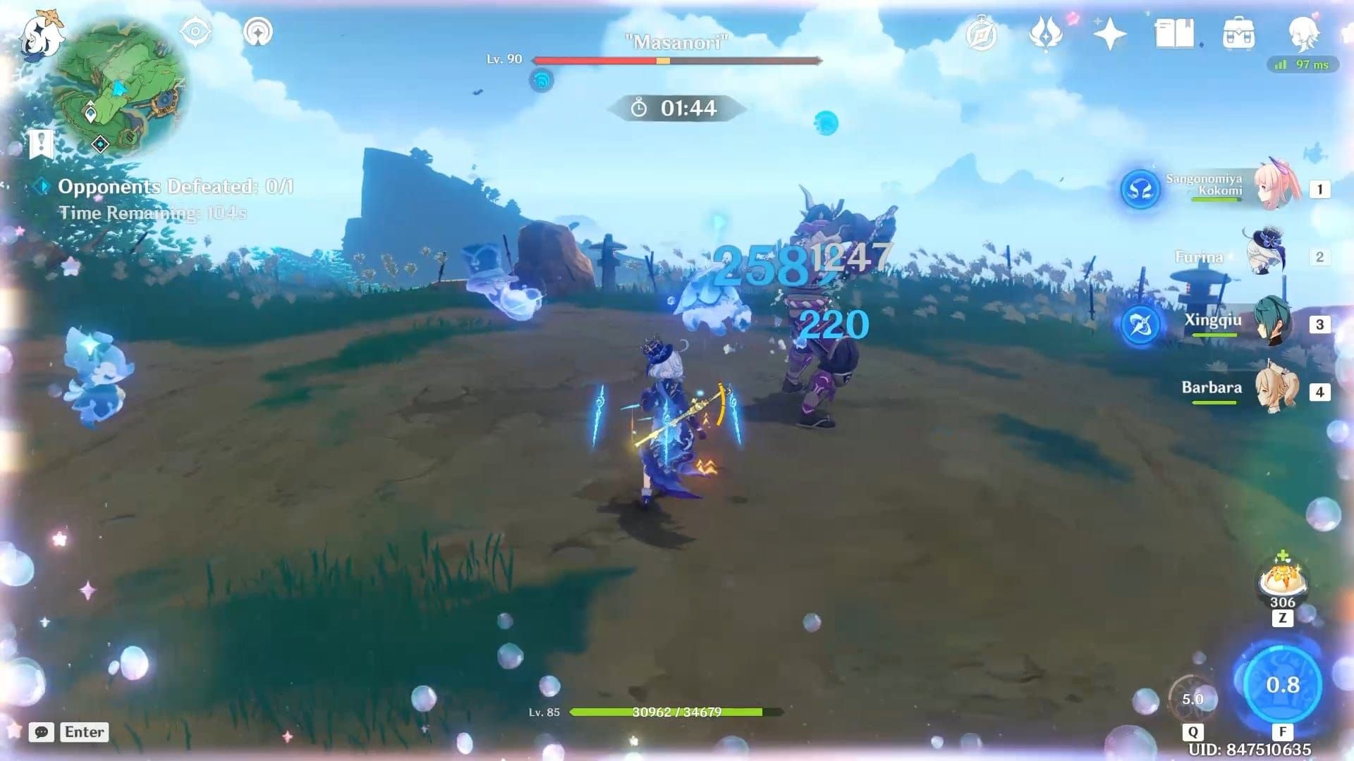 Genshin Impact Furina's Fanfare buff interface showing DMG% bonus stacks