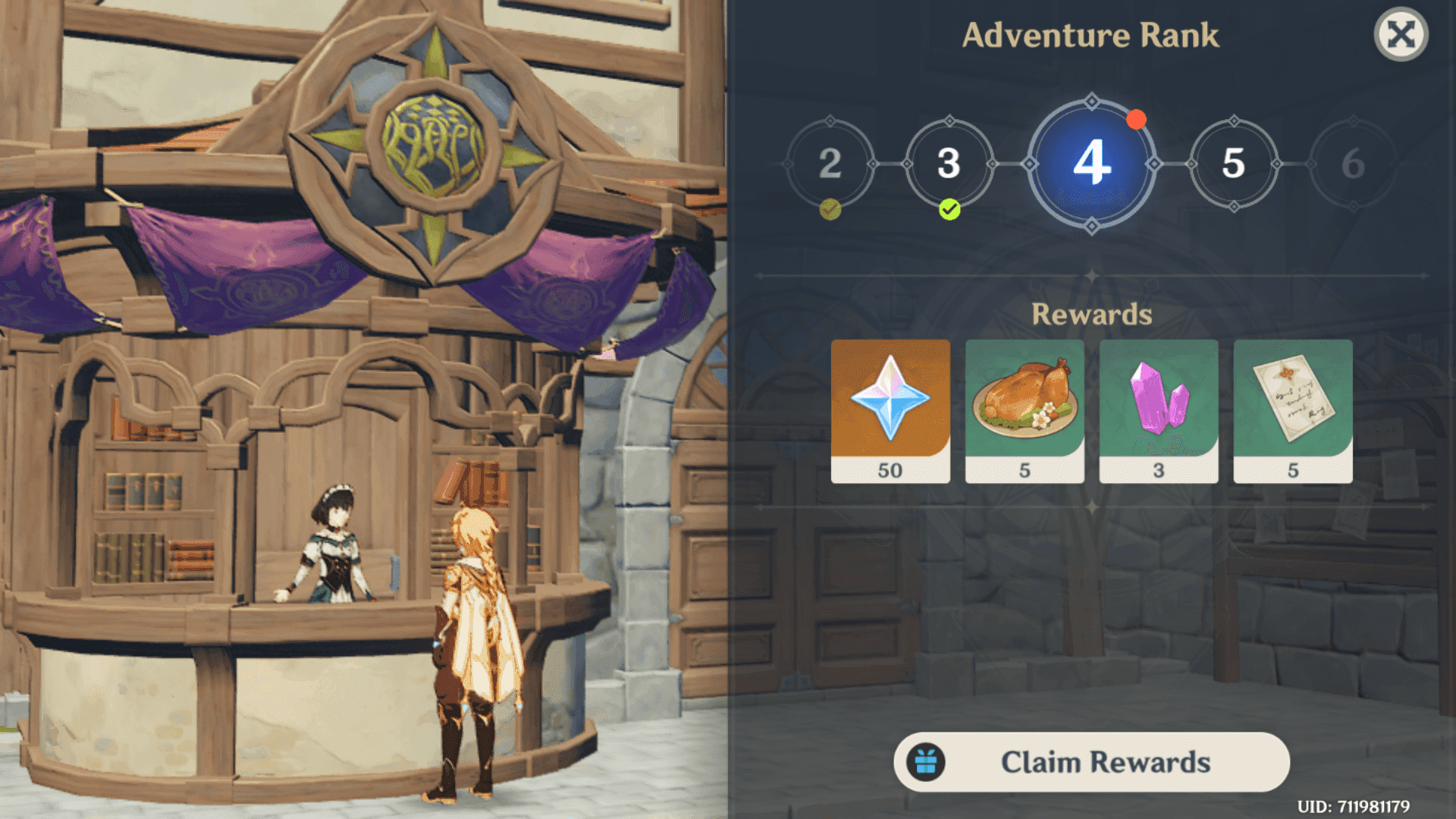 Genshin Impact Adventure Rank rewards interface showing progression milestones and available rewards