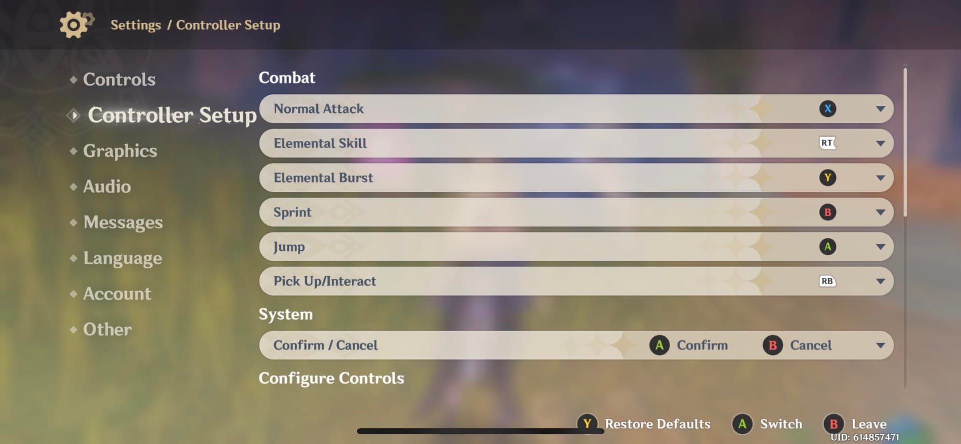 Genshin Impact settings menu navigation showing path to key bindings configuration