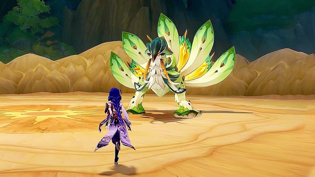 Genshin Impact combat scene in Sumeru with multiple elemental effects for performance testing