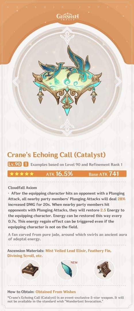 Xianyun weapon options including Crane's Echoing Call and alternatives in Genshin Impact