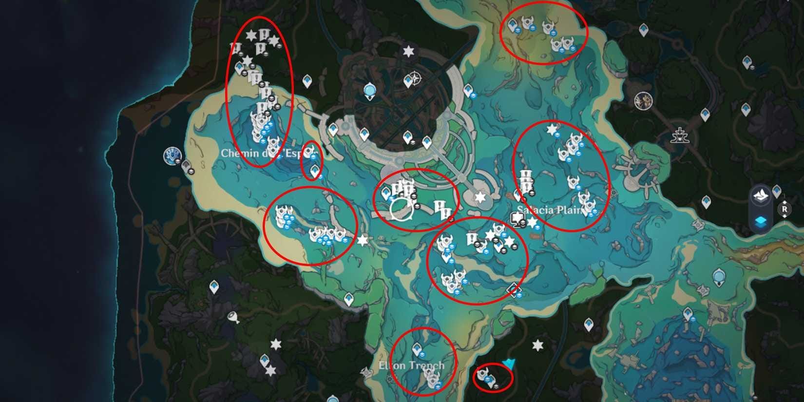 Complete Fontaine map with all 99 Beryl Conch farming locations marked