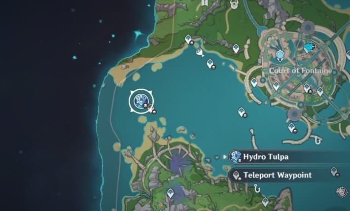 Genshin Impact map showing Hydro Tulpa boss location in Chemin de L'Espoir underwater area
