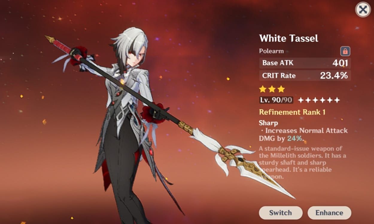 White Tassel polearm weapon stats in Genshin Impact showing CRIT rate and normal attack bonus
