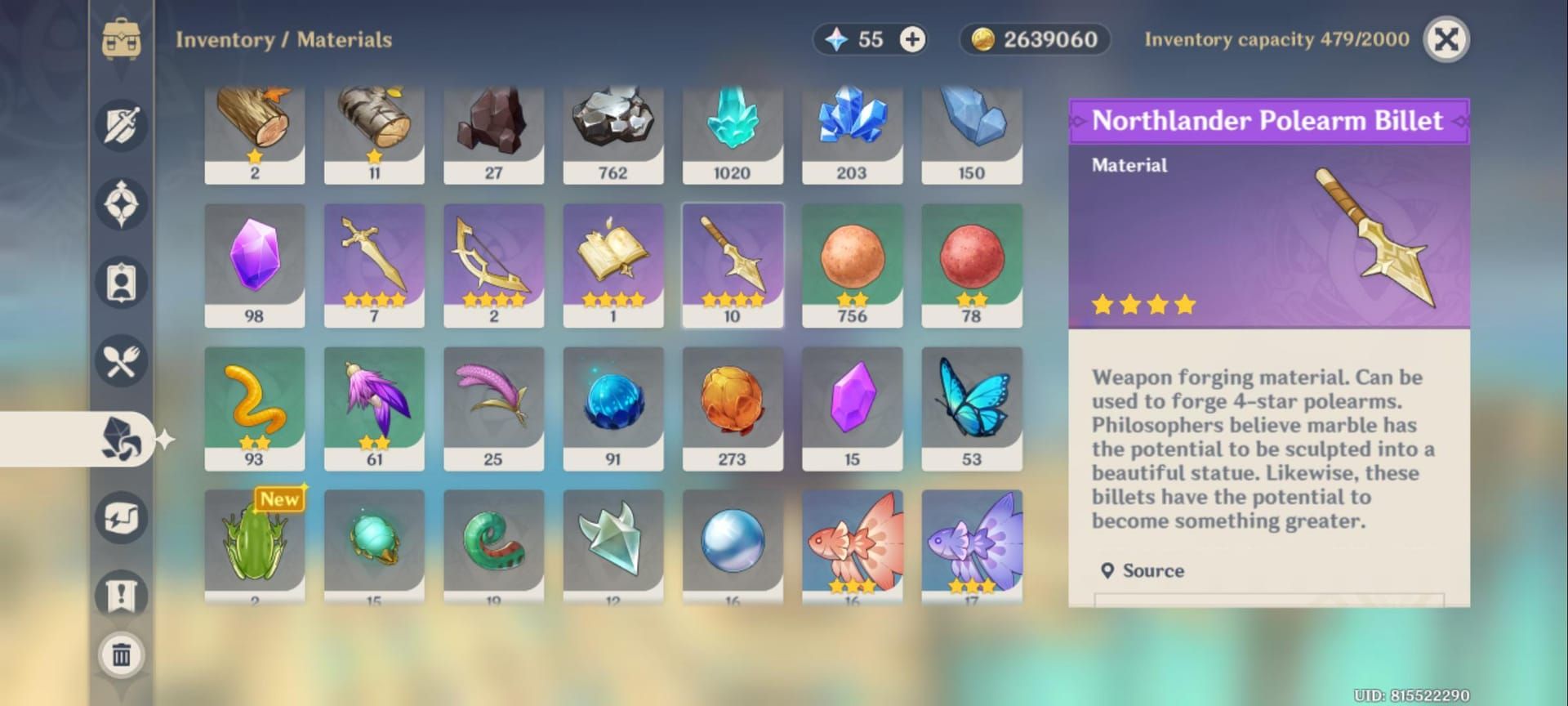 Genshin Impact inventory screen displaying various weapon billets including Northlander and Midlander types
