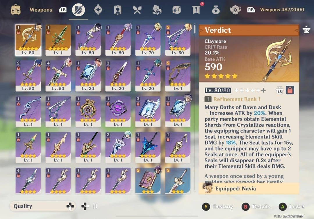 Display of highest-rated craftable weapons including Prototype Amber, Amenoma Kageuchi, and Tidal Shadow with their statistics