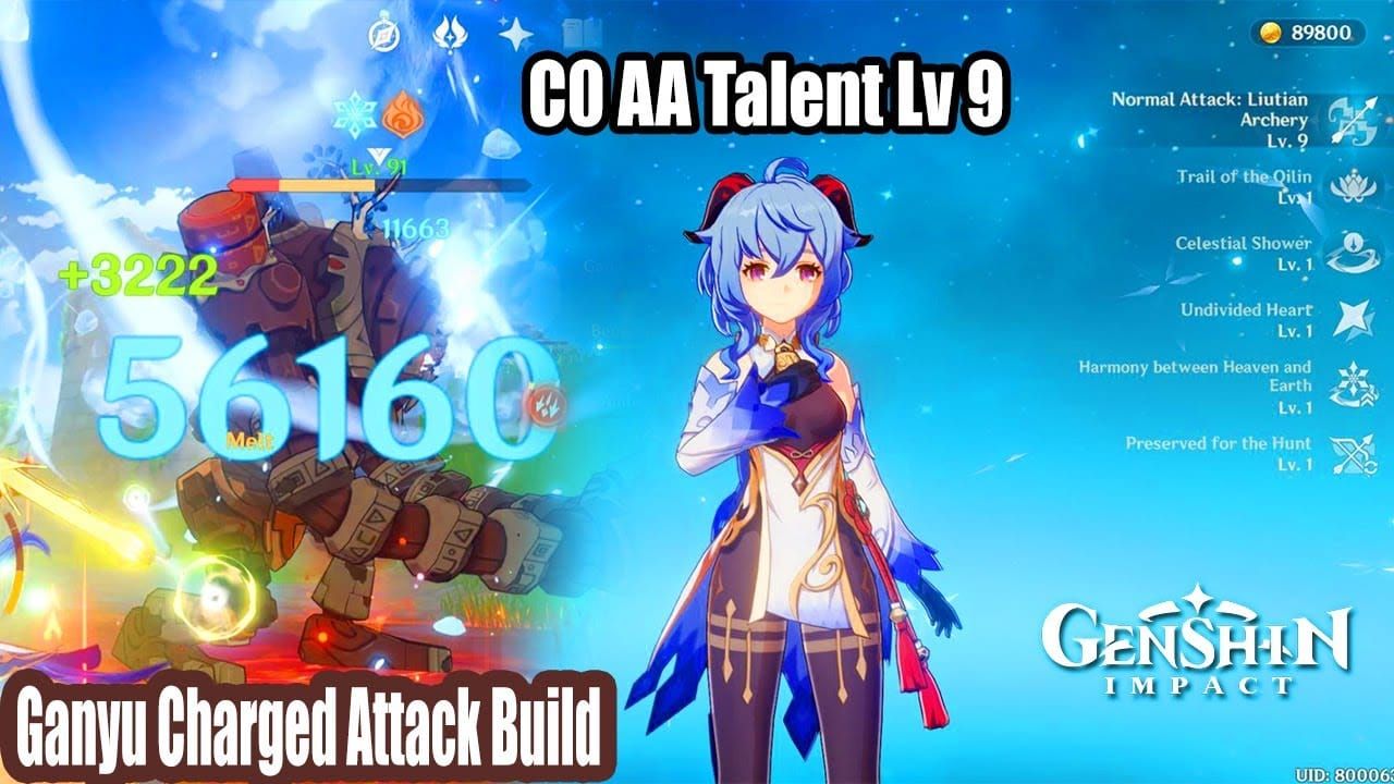 Ganyu executing her Frostflake Arrow charged attack with visible AoE bloom effect