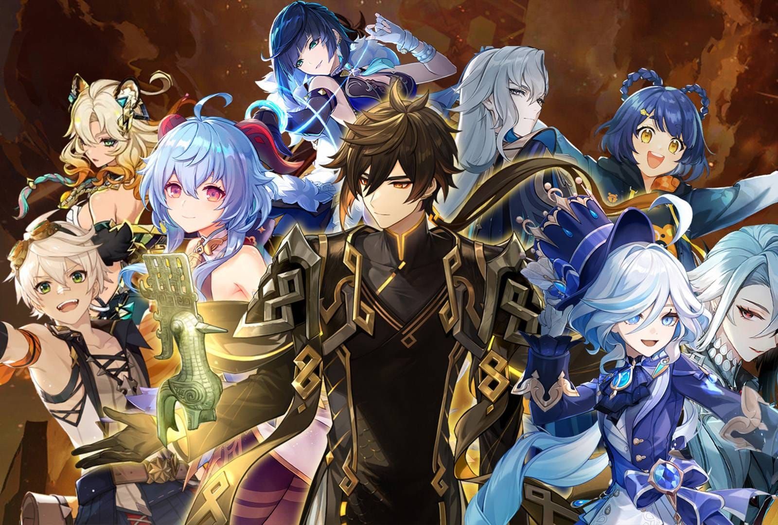 Genshin Impact team composition featuring Zhongli and support characters for maximum shred effects