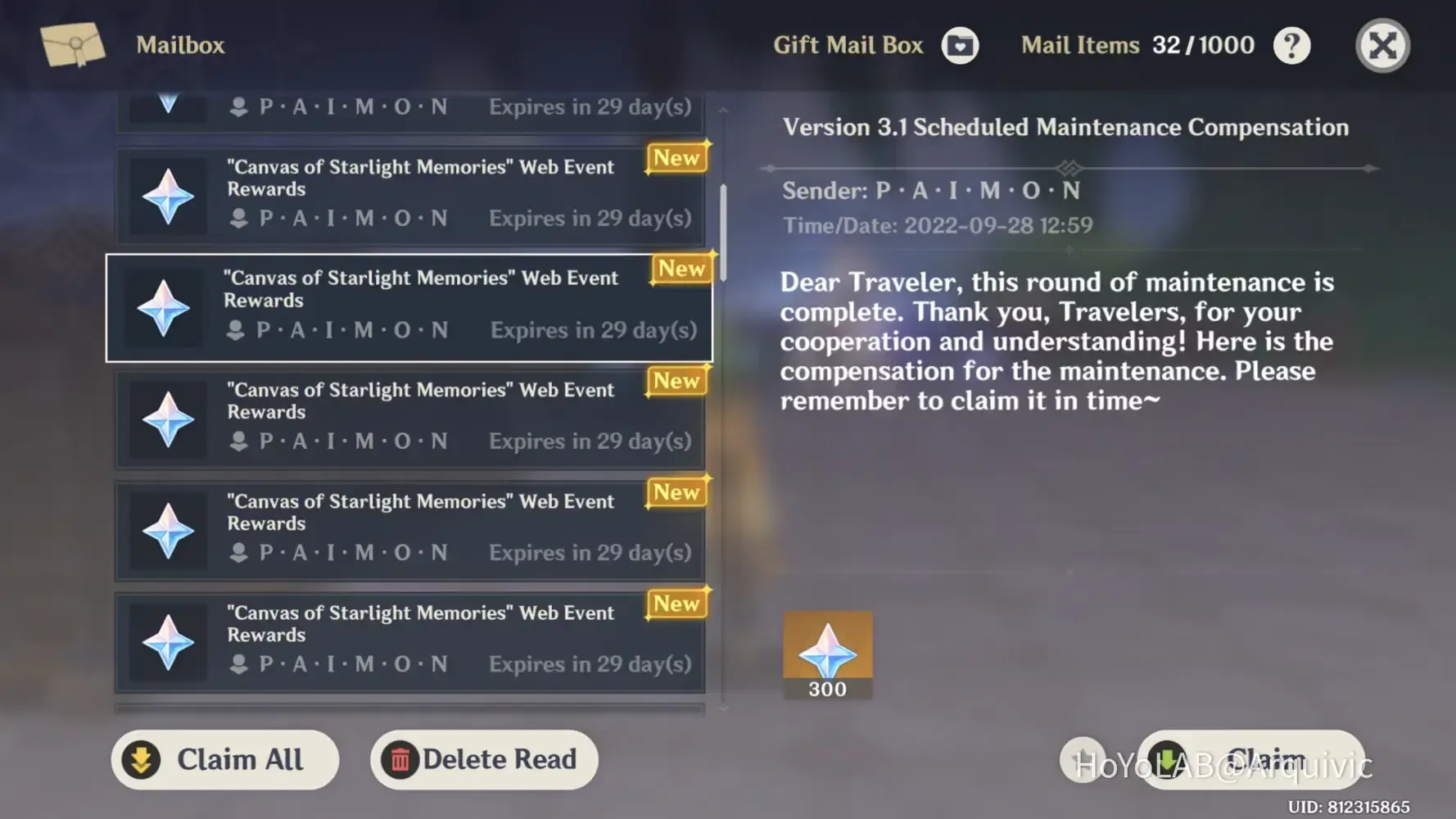 Genshin Impact in-game mailbox displaying HoYoLAB daily check-in rewards
