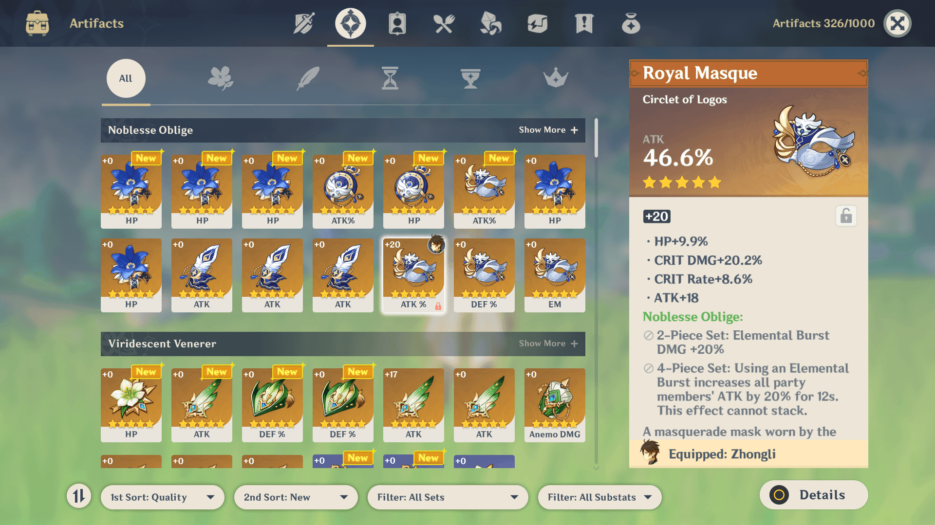 Genshin Impact artifact inventory showing the five artifact piece types