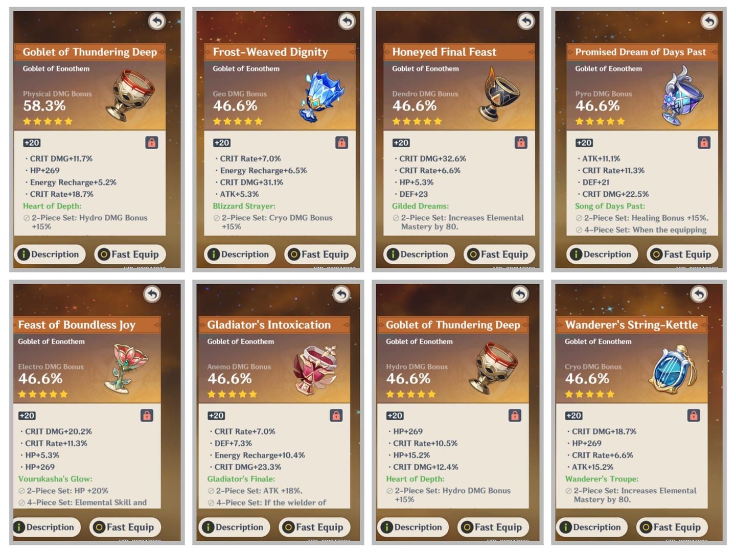 Collection of Genshin Impact elemental damage bonus goblets showing different elements