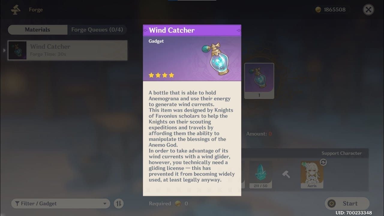 Genshin Impact character using Wind Catcher gadget to create wind current for gliding