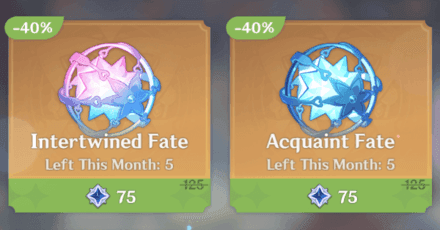 Genshin Impact Stardust Exchange showing monthly Intertwined and Acquaint Fates