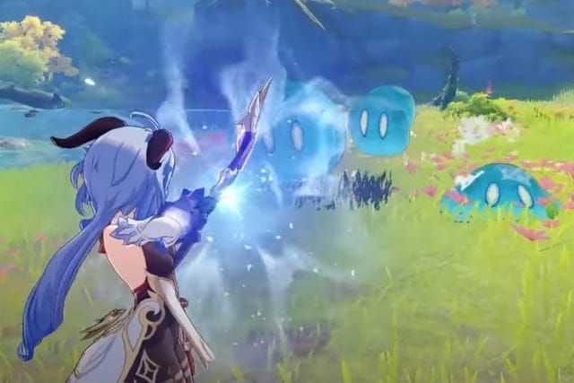 Ganyu performing precision aimed shot with bow in Genshin Impact gameplay