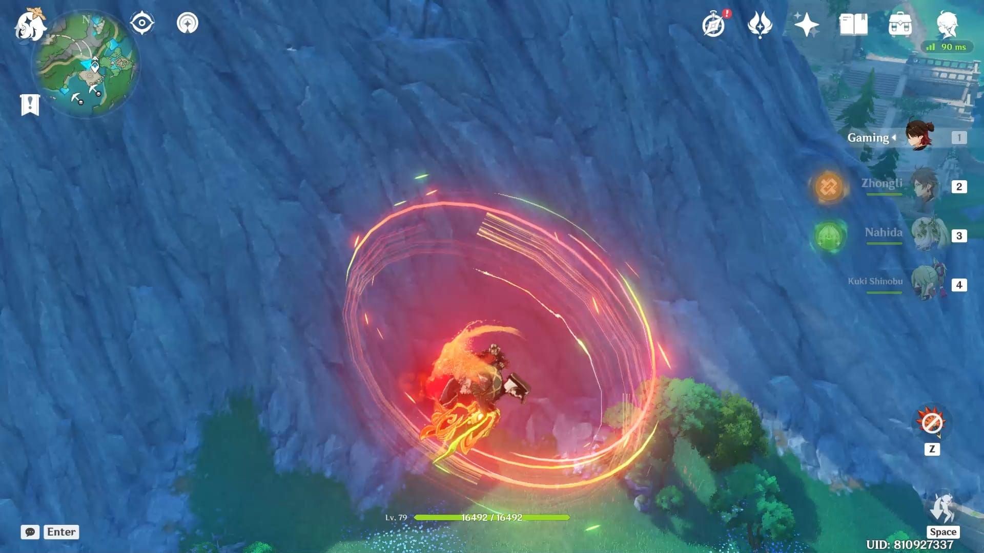 Gaming character performing Charmed Cloudstrider plunging attack in Genshin Impact