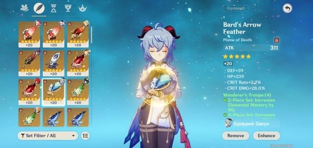 Genshin Impact Wanderer's Troupe artifact set for Ganyu Reverse Melt build