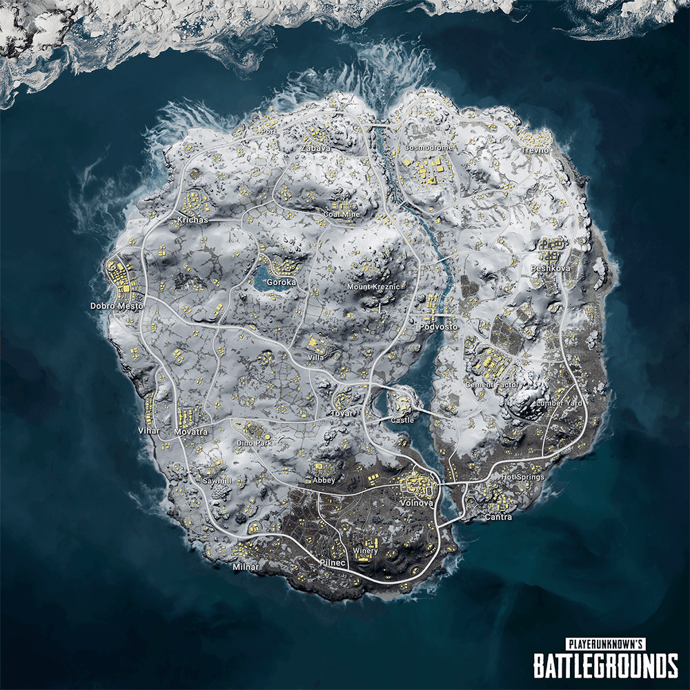 PUBG Mobile Vikendi map displaying rotation paths from Podvosto Cave to different circle positions