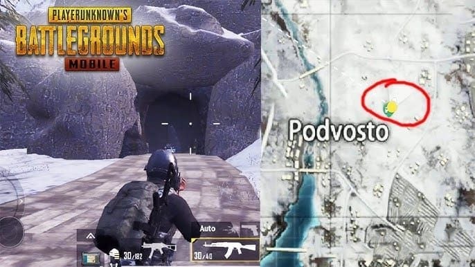PUBG Mobile Vikendi map highlighting Podvosto Cave location with entrance markers