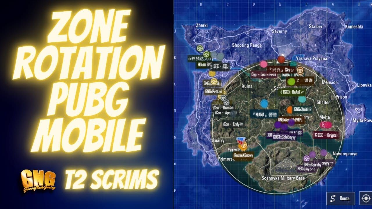 PUBG Mobile map showing strategic zone rotation paths and timing