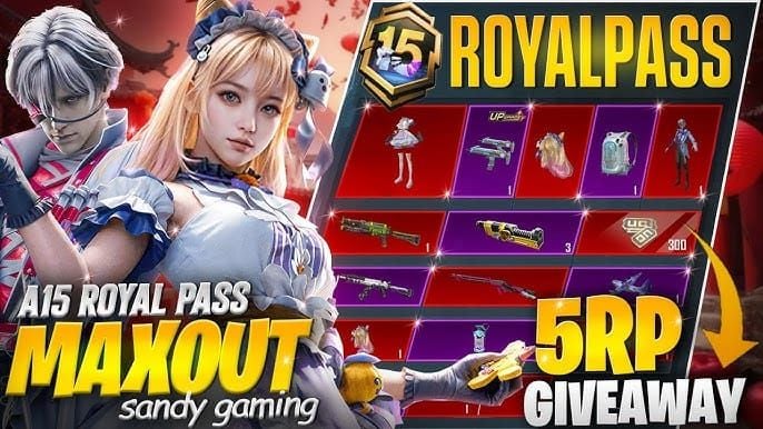 PUBG Mobile A15 Royale Pass key rewards including Violet Revenant AKM and character sets