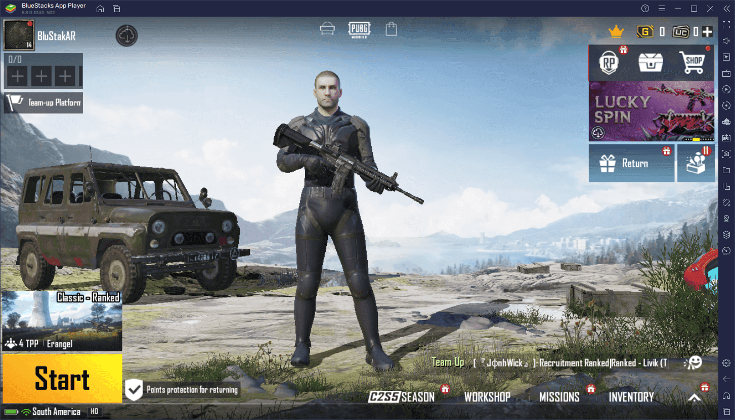 BlueStacks 5 interface running PUBG Mobile with customization features