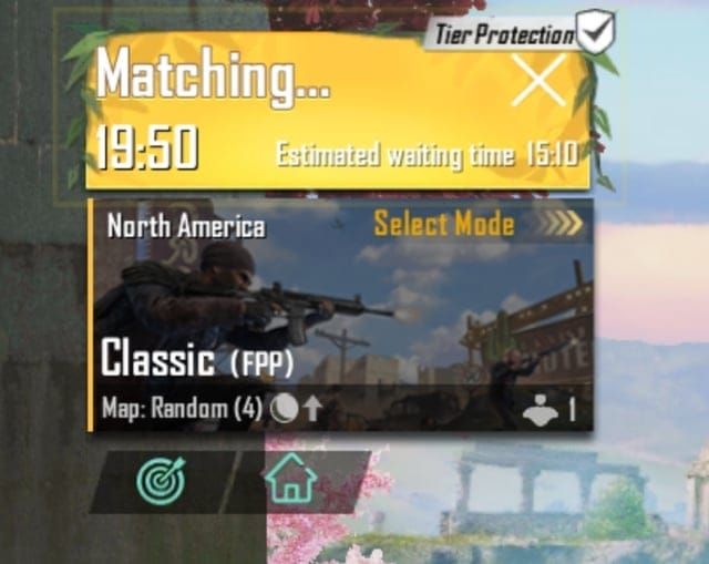 PUBG Mobile matchmaking screen showing extended queue time for emulator players