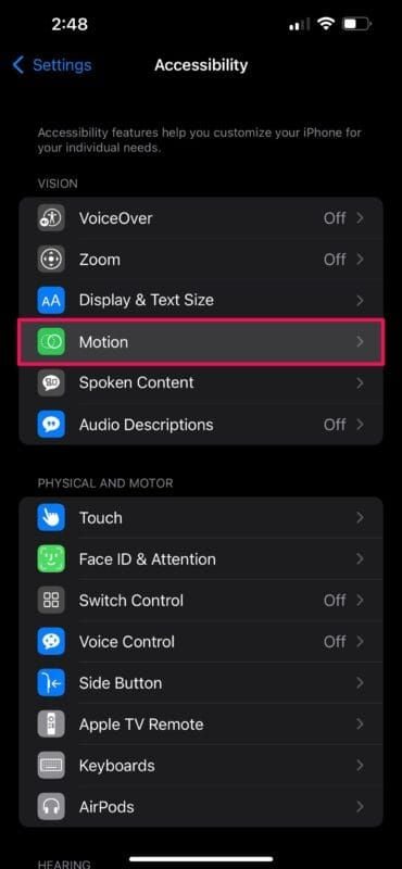 iOS Settings showing Accessibility Motion options for ProMotion workaround