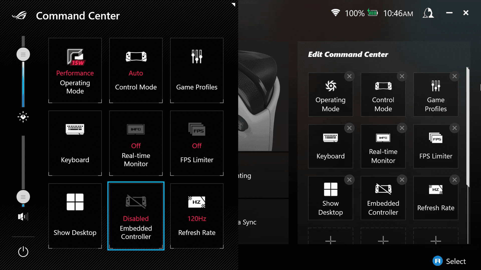 ROG Gaming Center X Mode settings interface displaying performance optimization options