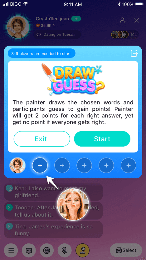 BIGO Live Draw & Guess game interface with drawing tools and participant reactions