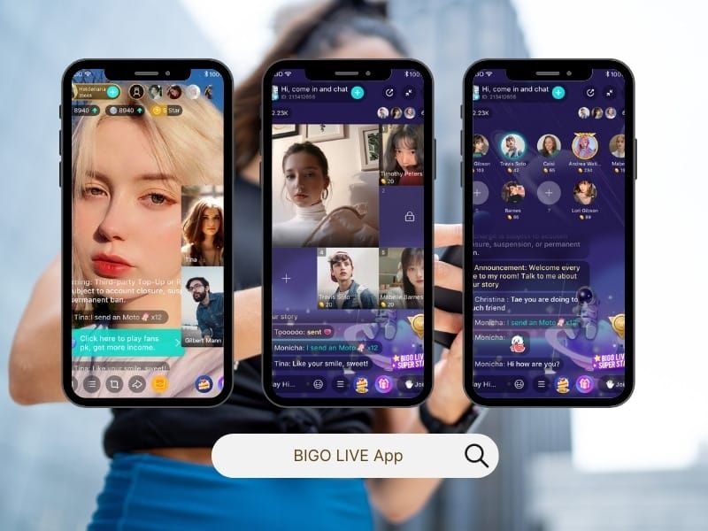BIGO LIVE esports streaming interface displaying tournament sections and viewer metrics