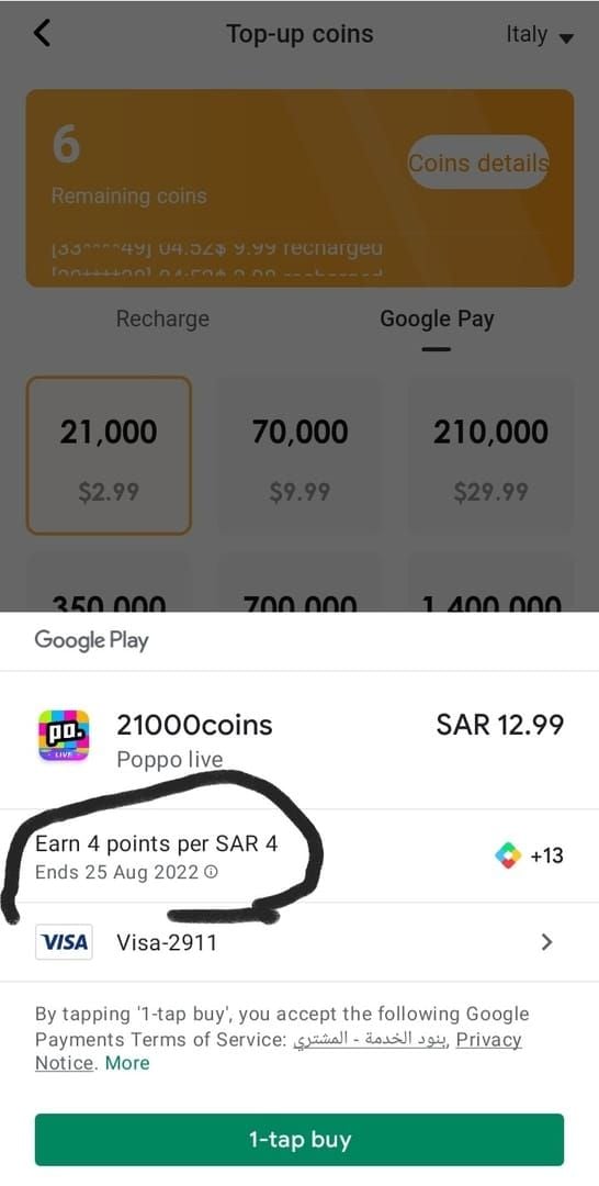 Google Play Store purchase confirmation screen for Poppo coins