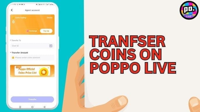 Poppo Live coin transfer interface showing recipient verification fields