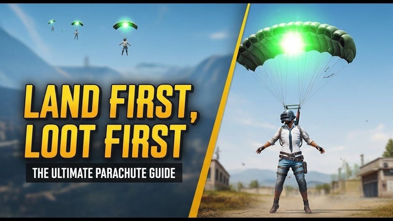 PUBG Mobile parachute jump guide showing 10 o'clock angle technique