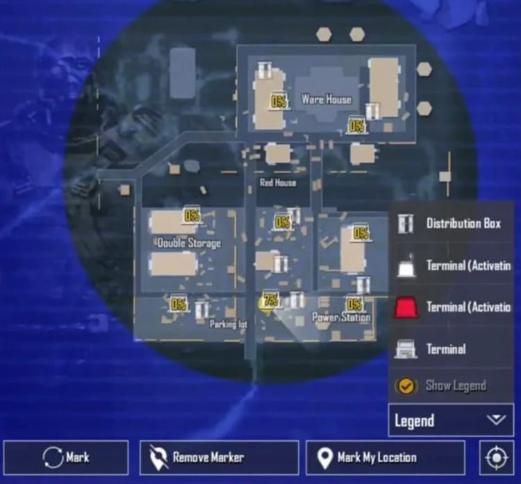 PUBG Mobile UNFAIL Mode map showing Mylta Power variant with terminal positions and Electric Barriers
