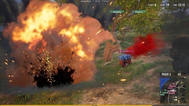 PUBG Mobile mortar shell explosion showing blast radius and damage effects