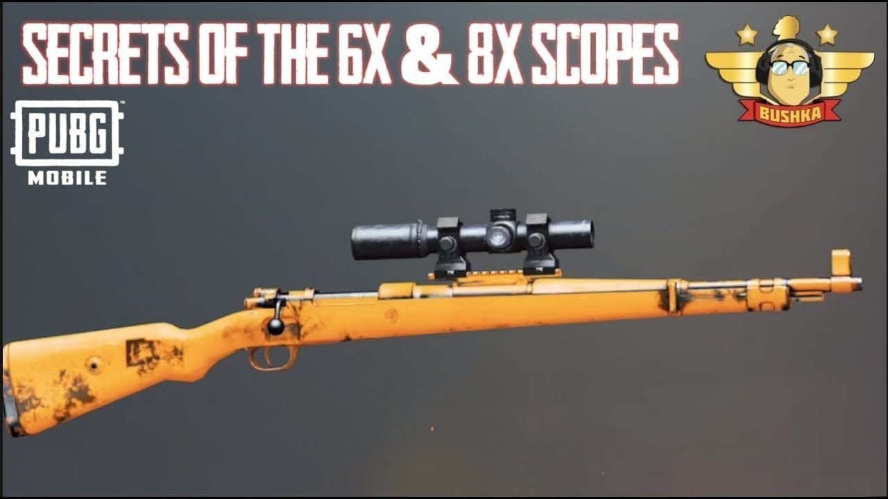PUBG Mobile sniper weapons and equipment loadout featuring AWM, scopes, and attachments