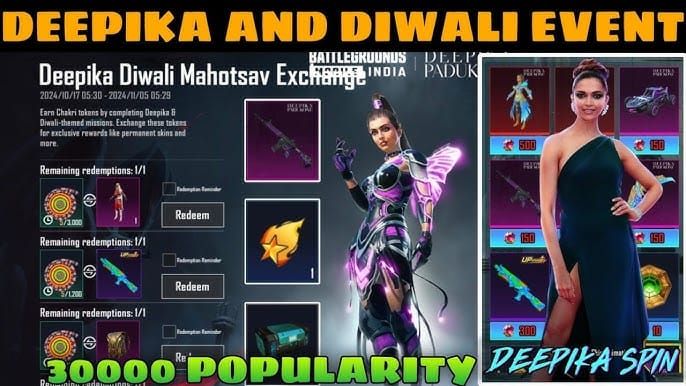 PUBG Mobile Deepika Diwali Mahotsav reward shop showing legendary items and token costs
