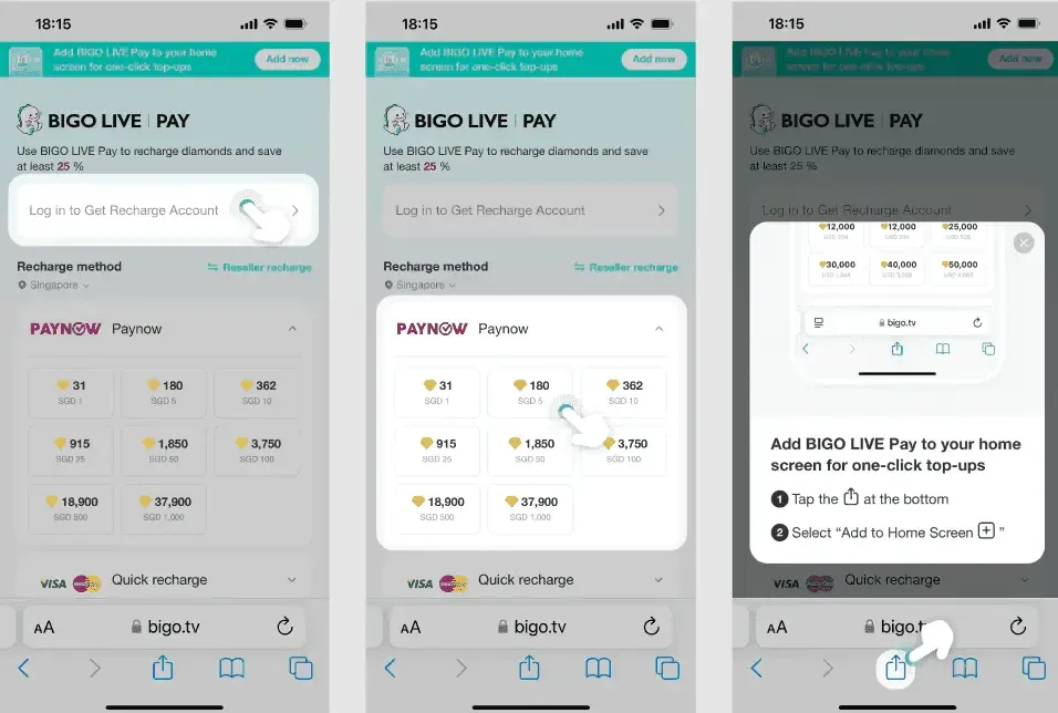 Step-by-step guide showing BIGO Live UPI payment process
