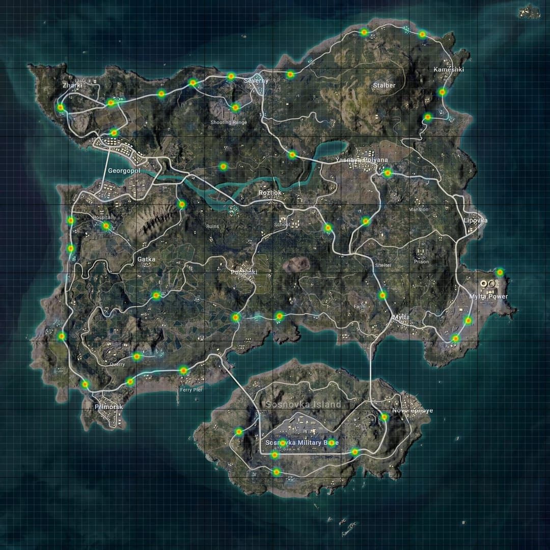 PUBG Mobile Erangel map showing strategic mortar positions and coverage areas