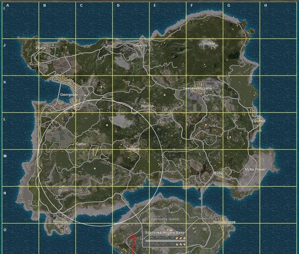 PUBG Mobile map showing grid system and distance measurement for mortar targeting