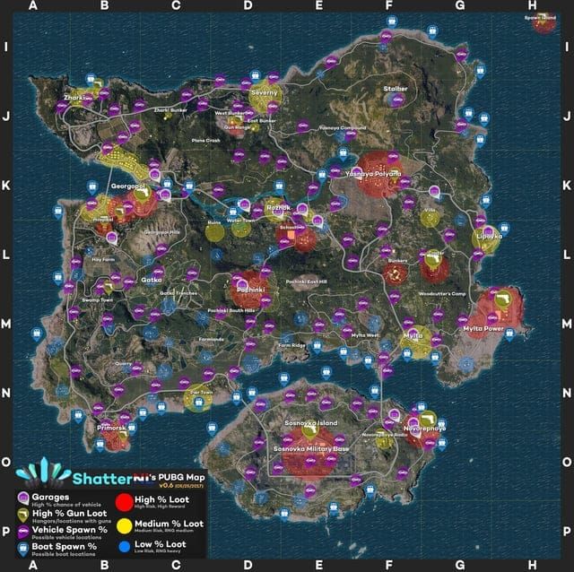 PUBG Mobile Stadium central arena showing multiple weapon spawns and high-tier loot