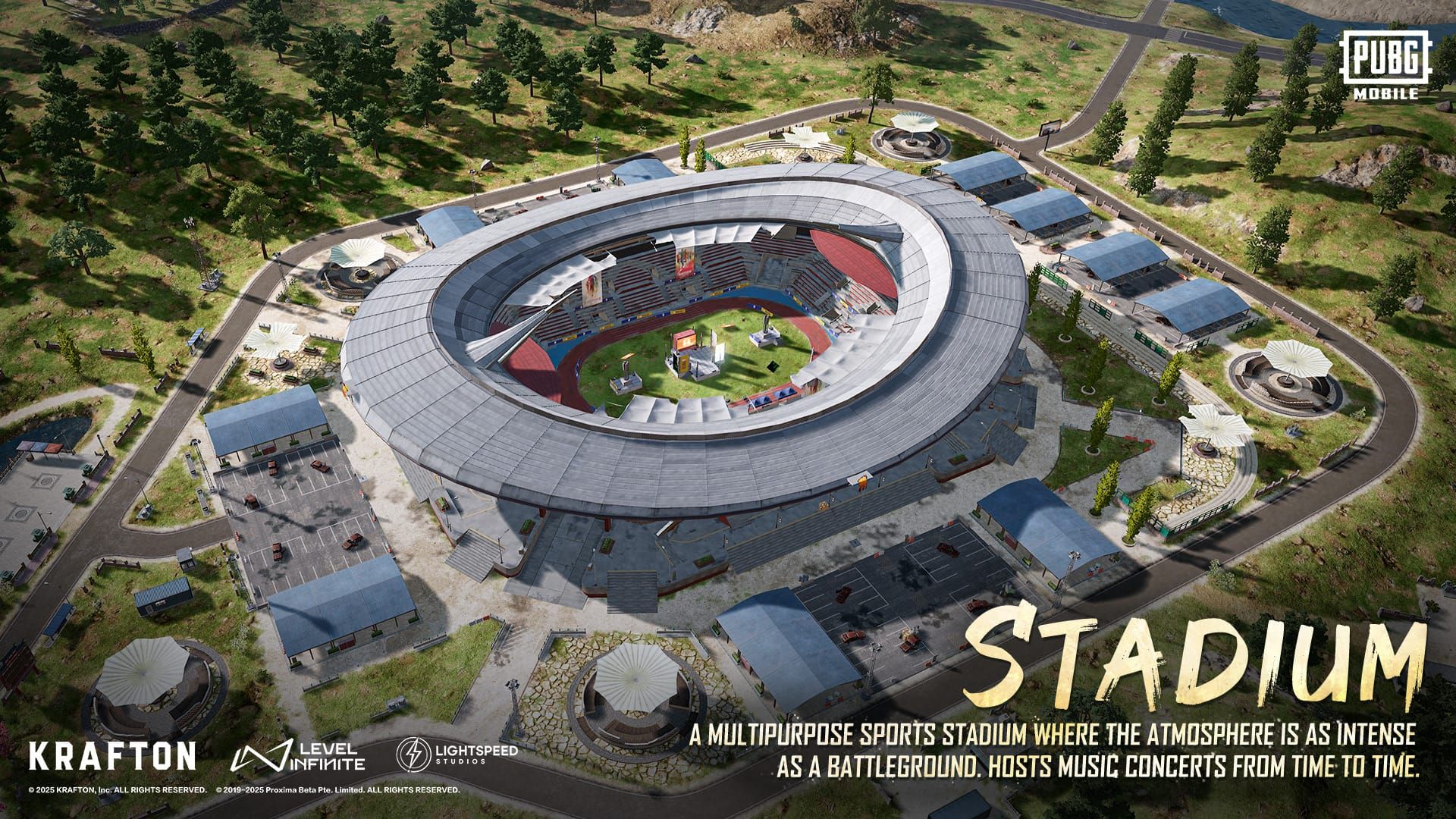 PUBG Mobile Stadium aerial view showing circular arena layout with central field and bleacher sections