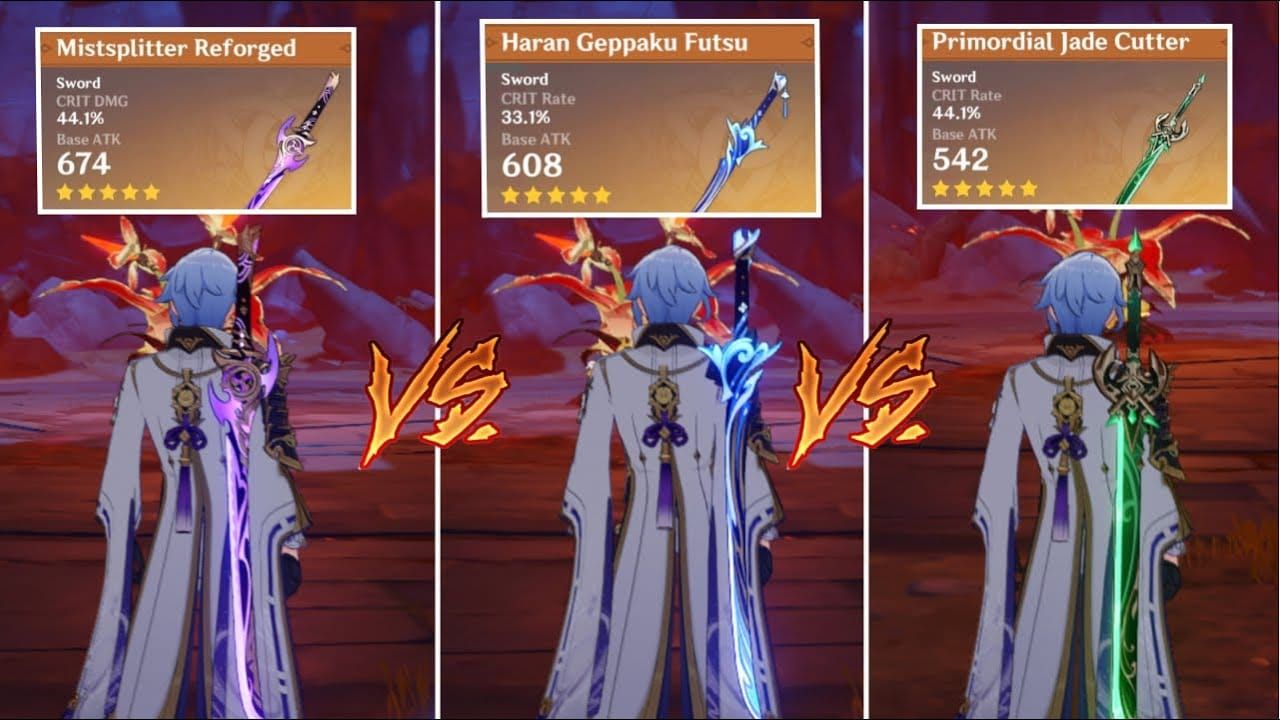Weapon comparison between Haran Geppaku Futsu and Primordial Jade Cutter showing stats and passives