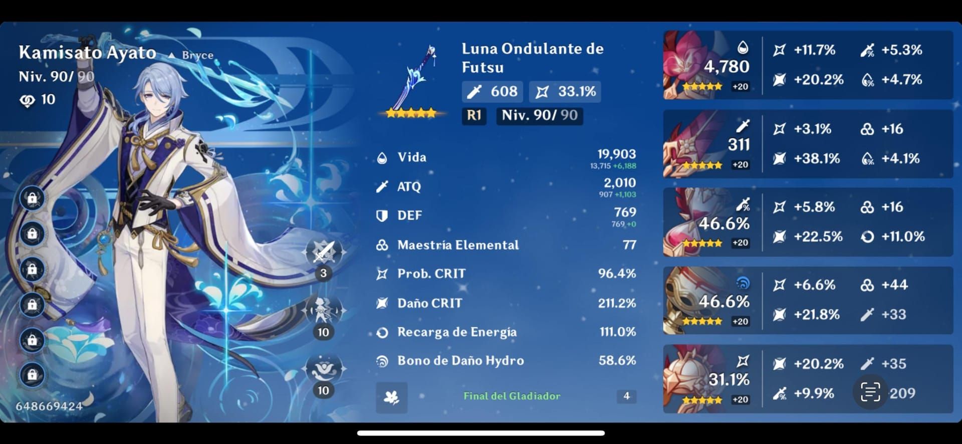 Ayato character statistics screen showing HP, ATK, DEF and CRIT DMG values